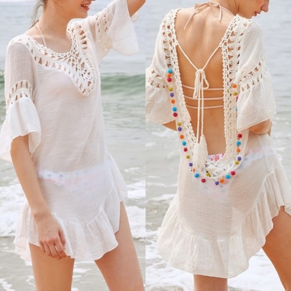 White Swim Cover up With Poms One Size Beach Vacation